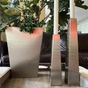 Pottery Barns Zinc medium vase and candle holders